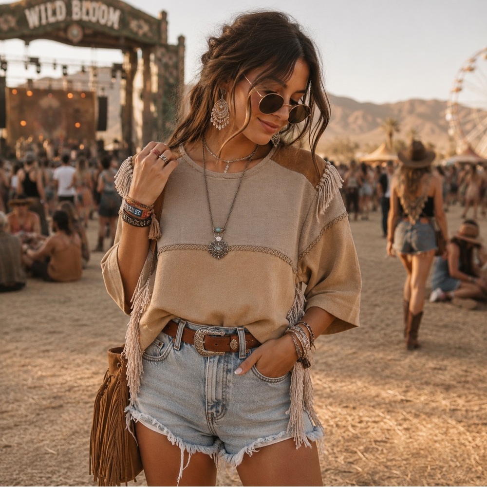 Nightcap Clothing Fringe Trim Crop Suede Western Top Festival Neutral 1 XS XXS